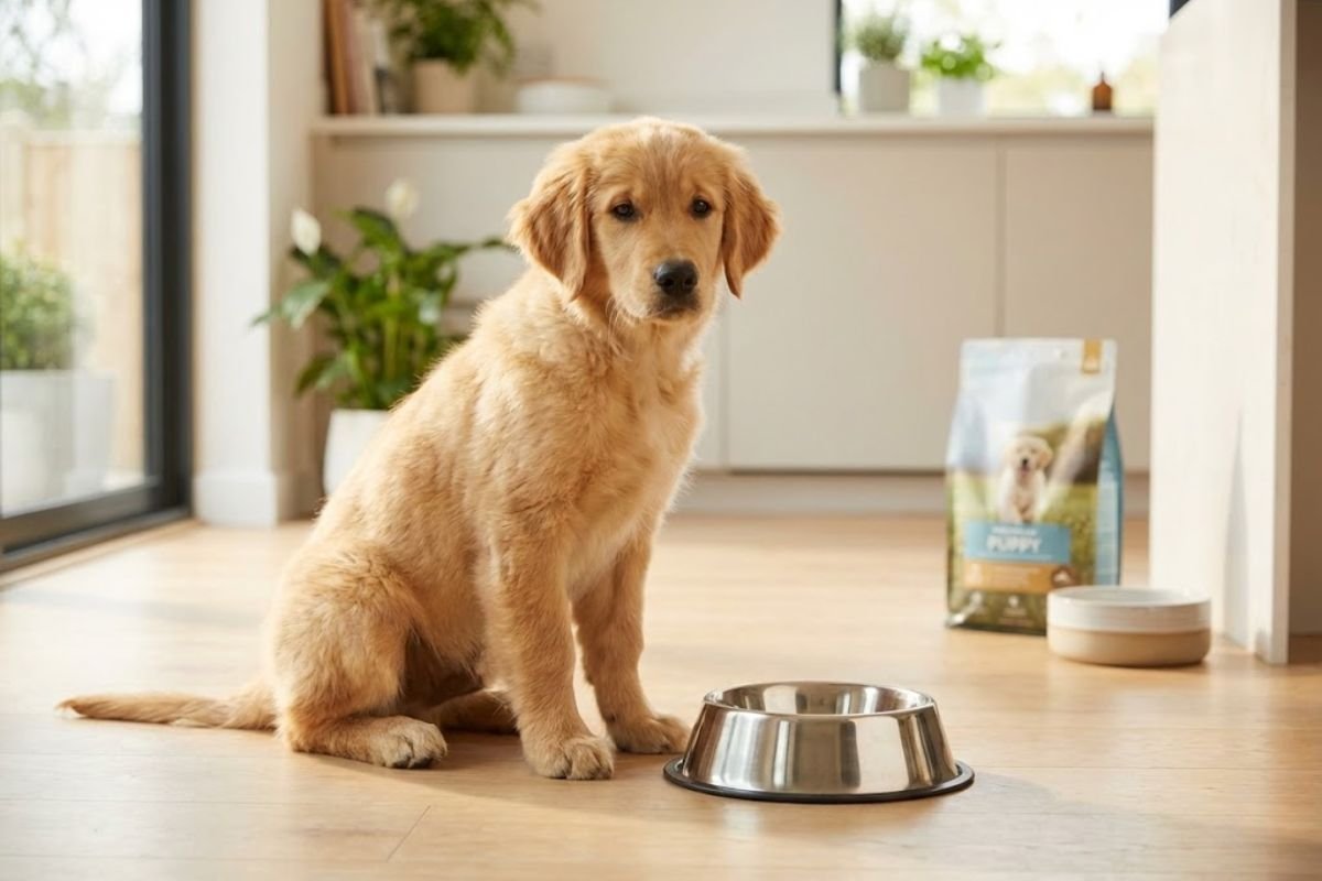 Placeholder image of a puppy near a food bowl