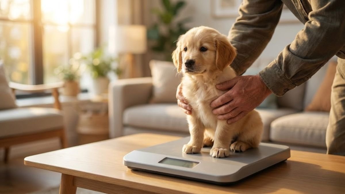 Golden Retriever puppy sitting calmly for a weigh-in