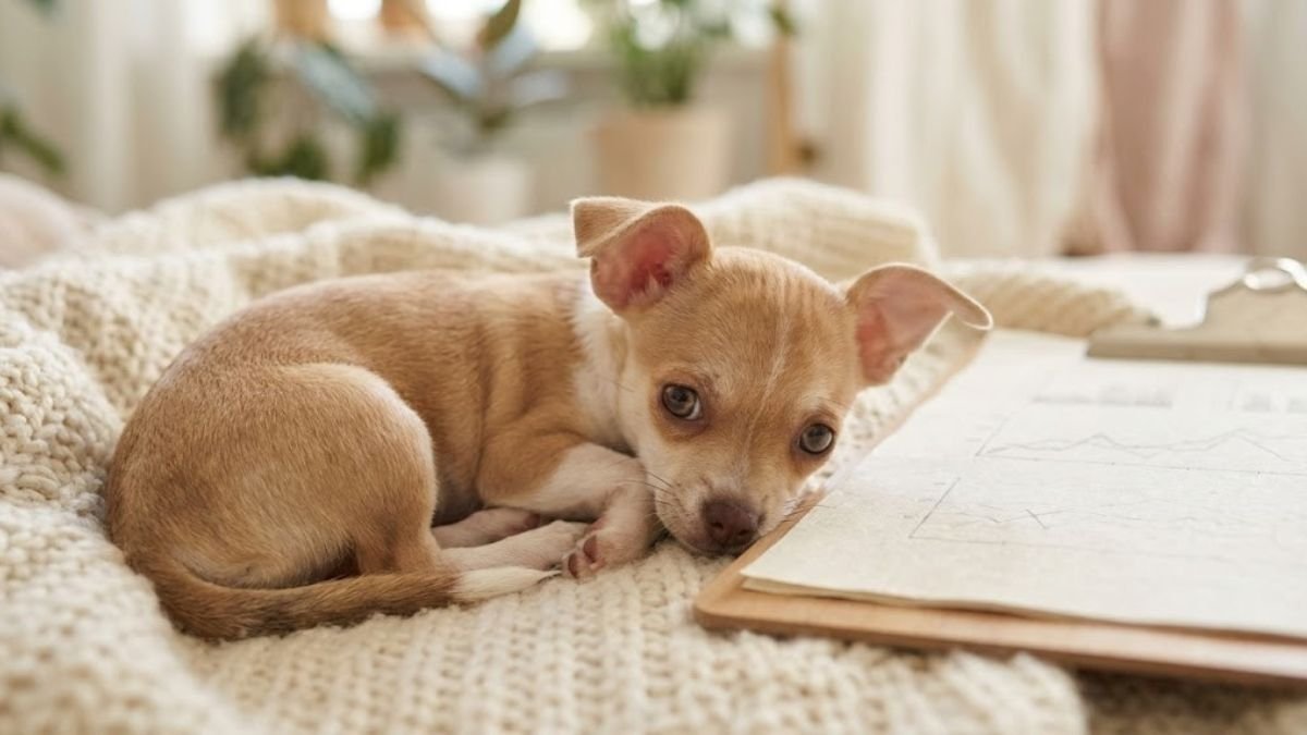 Chihuahua puppy resting on a soft blanket