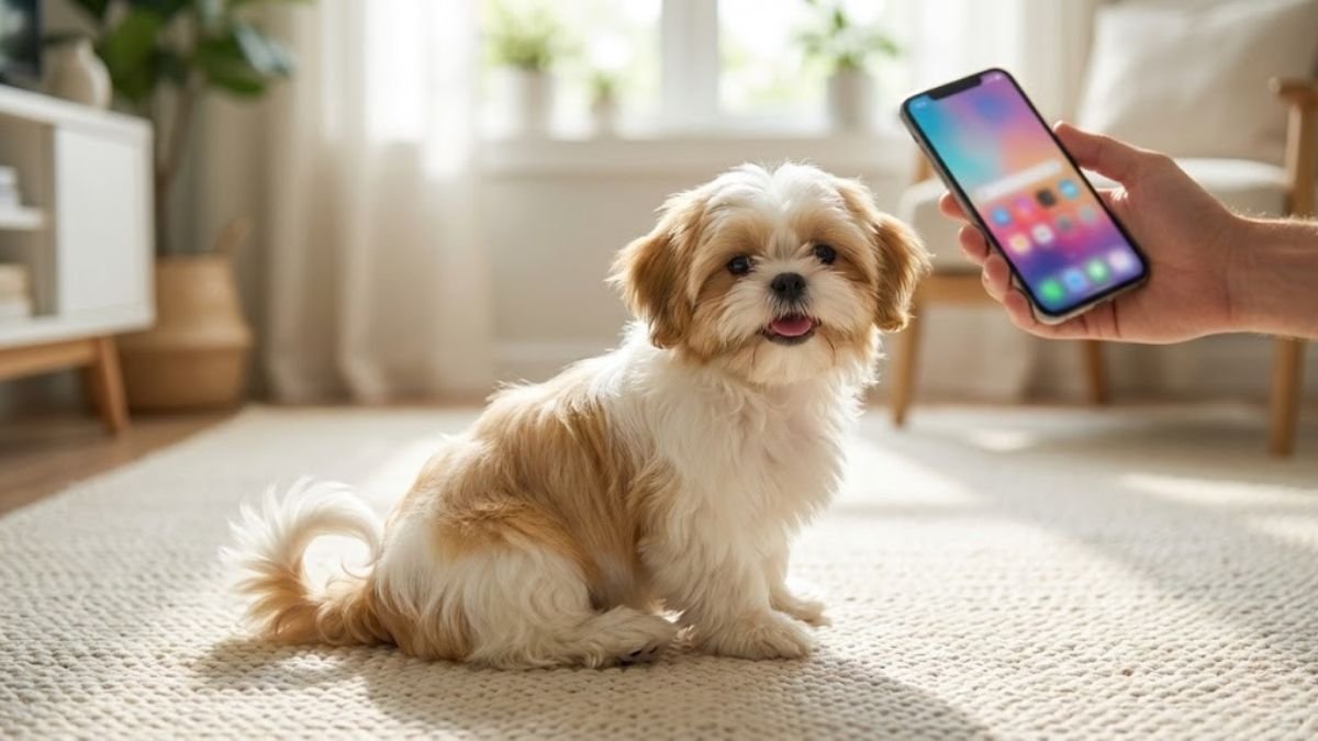 Shih Tzu puppy looking happy and relaxed indoors